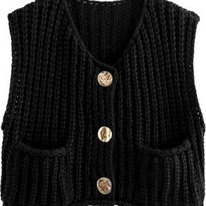 NWOT FindThy Cropped Sweater Vest with Pockets and Gold Buttons/Black - Size S